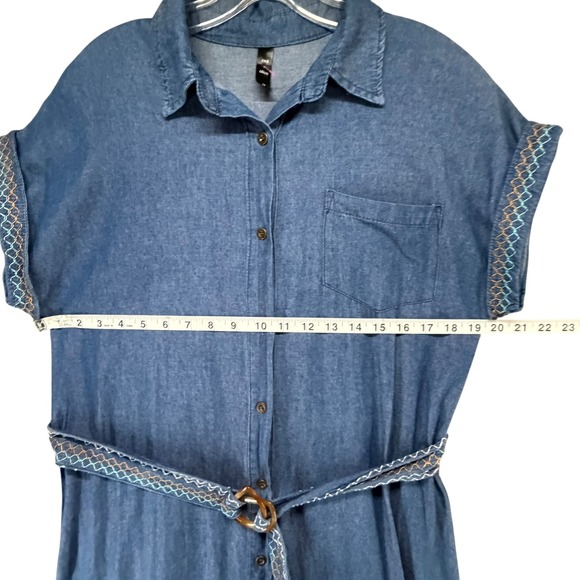 Red + Olive Denim Shirt Dress Women M Blue Belted Embroidered Hi Lo Boho Western - Picture 8 of 14